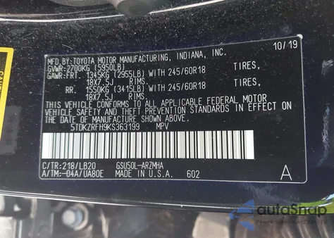 2019 Toyota Highlander Xle z USA, uszkodzony, nr VIN 5TDKZRFH9KS363199